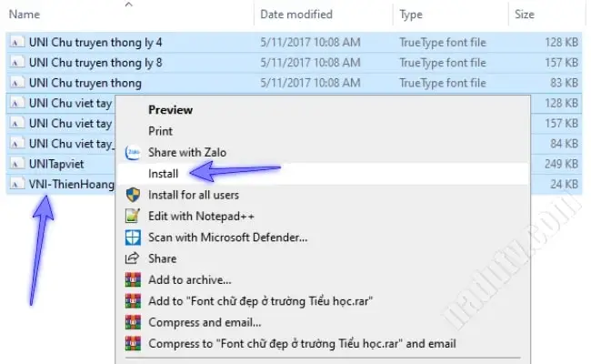Font chữ tập viết ô li