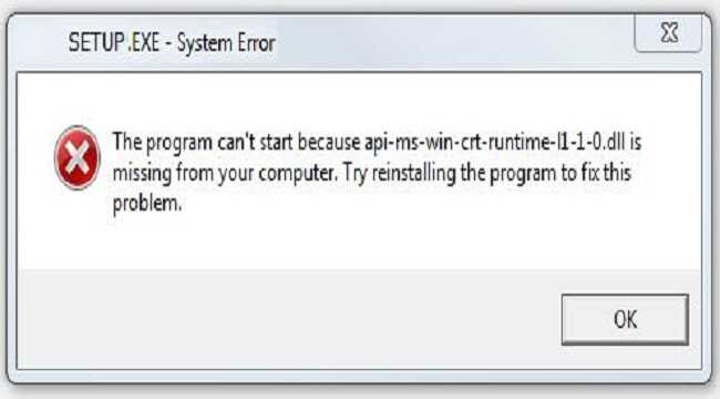 The program can’t start because api-ms-win-crt-runtime-l1-1-0.dll is missing from your computer
