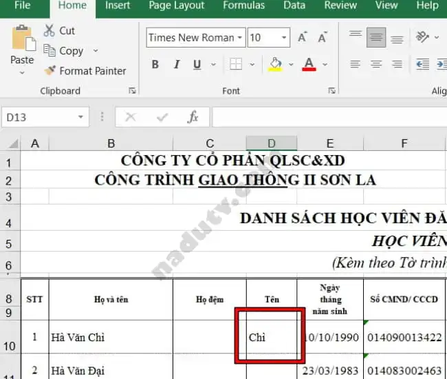 Cách sắp xếp tên theo Alpha B trên Excel
