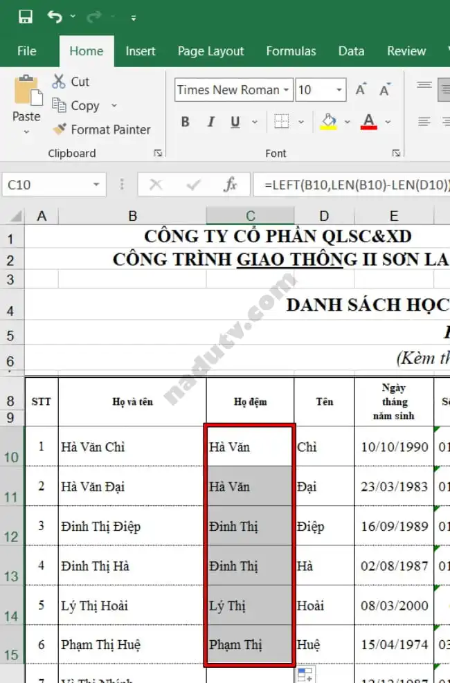 Cách sắp xếp tên theo Alpha B trên Excel