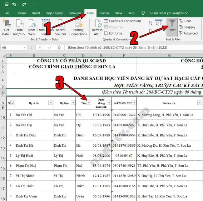 Cách sắp xếp tên theo Alpha B trên Excel