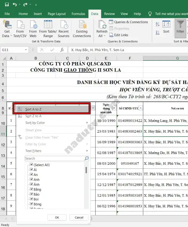 Cách sắp xếp tên theo Alpha B trên Excel