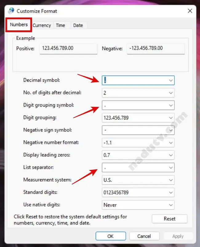 Đổi dấu phẩy thành dấu chấm trong Excel win 11 5 cai dat dau phay thanh dau cham tren excel 5