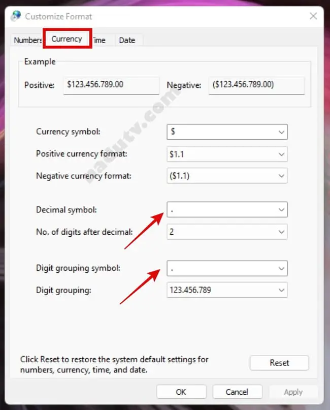 Đổi dấu phẩy thành dấu chấm trong Excel win 11 6 cai dat dau phay thanh dau cham tren excel 6